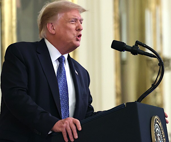president donald trump speaks from the press briefing podium