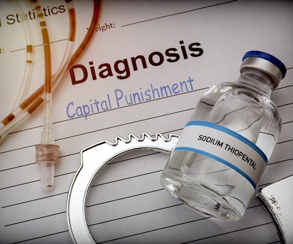 a graphic illustration of a vile of poison, handcuffs, and a medical chart marked diagnosis capital punishment