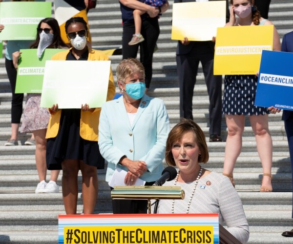 castor in a white striped dress speaks with others standing on the steps holding signs behind her