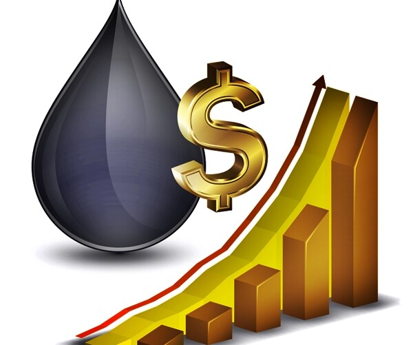oil price growth chart with crude oil and dollar sign on background