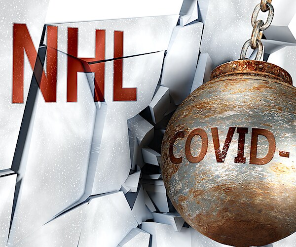 the nhl ice is smashed by a covid-19 wrecking ball in an illustration