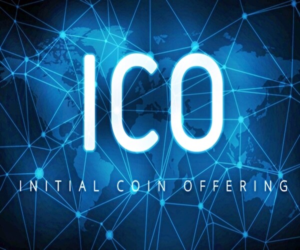 ico initial coin offering futuristic hud background with world map and blockchain peer to peer network. 

