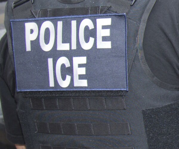 a closeup of the back of a bulletproof vest with police and ice written on it
