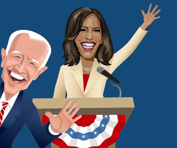 cartoon of kamala harris at a podium with joe biden peeking into the picture from the side