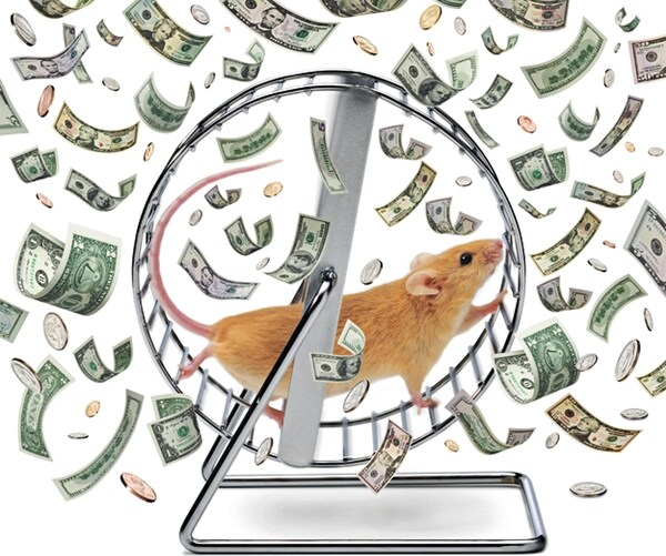 mouse on an exercise wheel with money raining down 