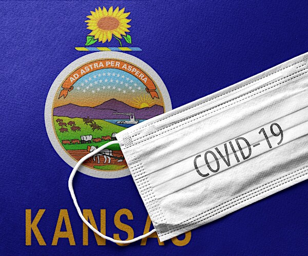 kansas coronavirus graphic with a facemask marked covid-19