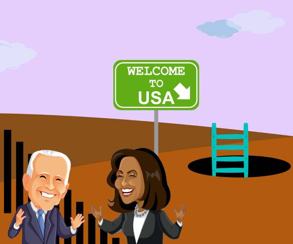 cartoon of biden and kamala harris smiling border while a ladder is in a hole next to a sign reading welcome to u s a