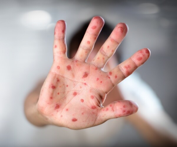 young hand with red dots caused by hand, foot and mouth disease