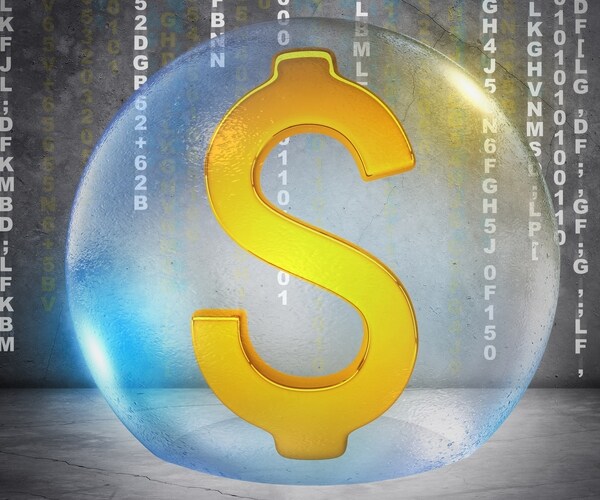 Golden dollar sign in bubble on grey wall background