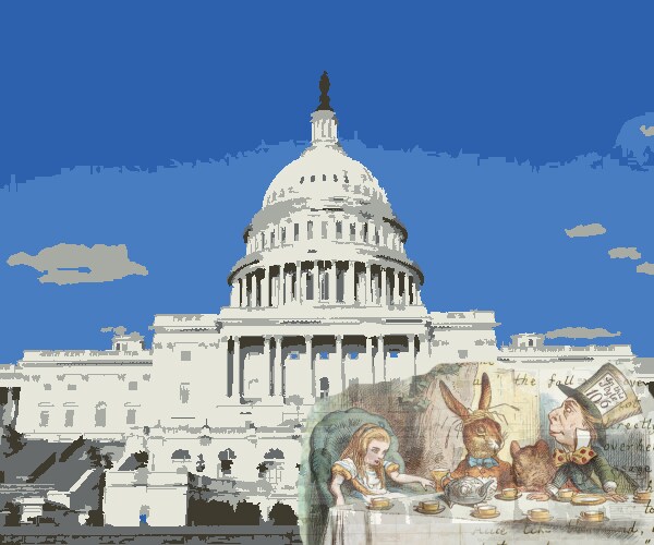 alice in wonderland having tea with the rabbit and mad hatter with the u s capitol in the background