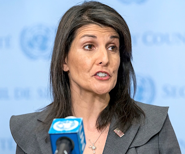 nikki haley raises her eyebrows while delivering impassioned remarks during a news conference