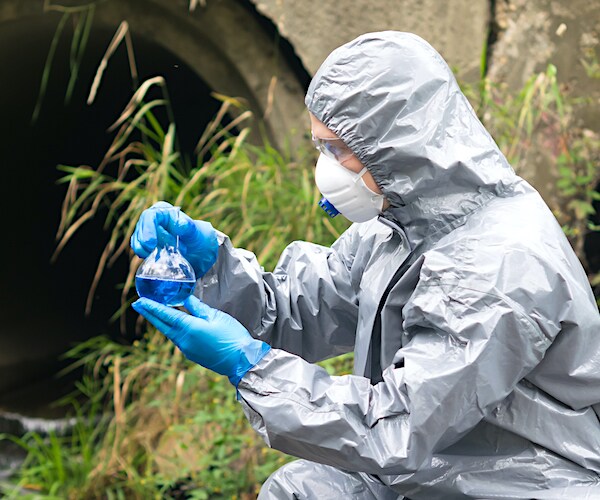 a man in ppe tests a sample from a sewage pipe