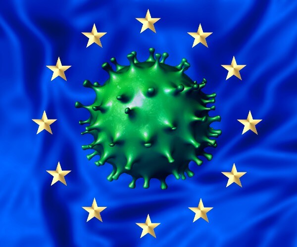 the european flag with a covid virus in the center