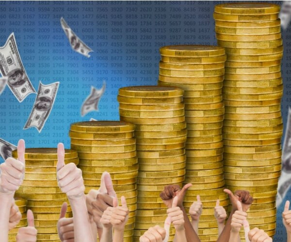 mounting stack of coins and floating dollars