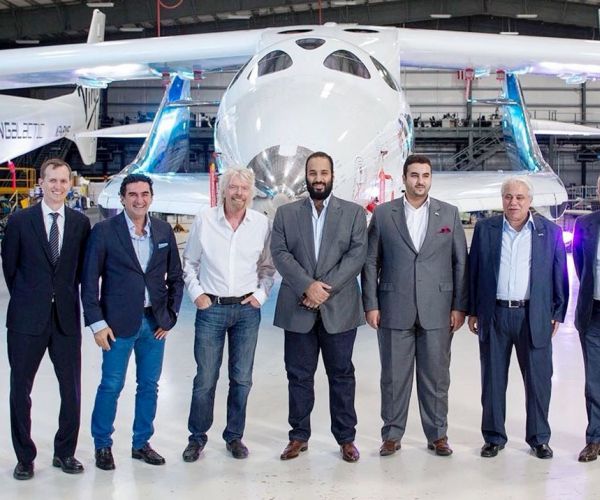 mohammed bin salman poses with richard branson during his visit to the virgin galactic company in california in April.