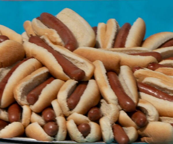 hot dogs are shown on a tray