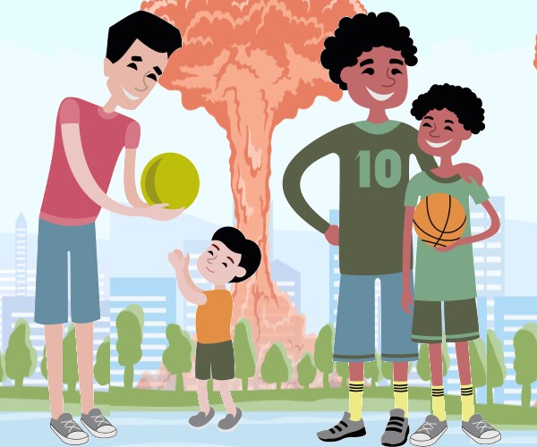 a par of fathers and sons play ball while a nuclear blast is seen behind them in a cartoon illustration