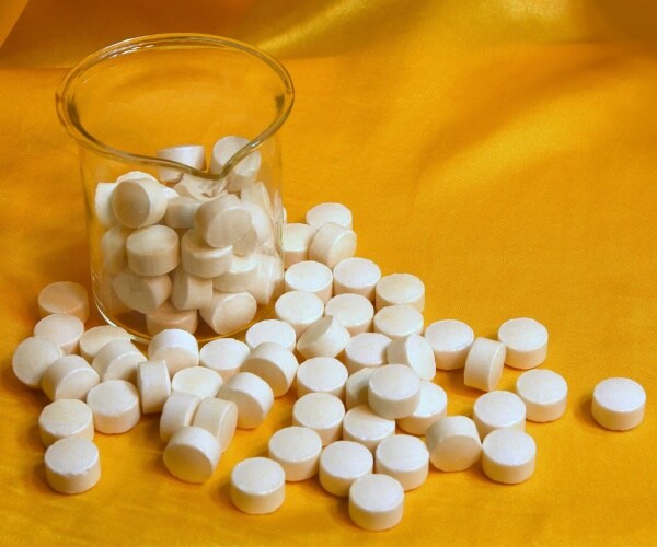 Batch of unidentified medication spilled on a yellow satin background.