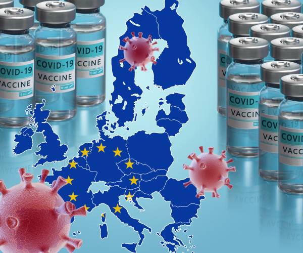 map of europe with covid vaccine vials and coronaviruses surrouding it