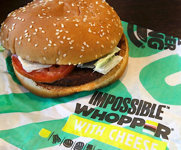 The Impossible Whopper burger is photographed at a Burger King restaurant in Alameda, California