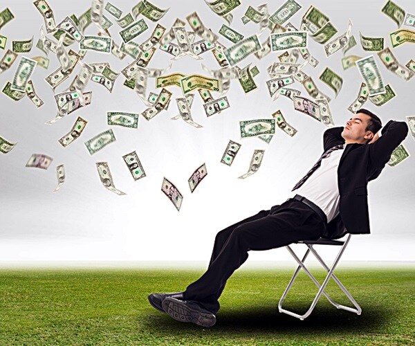 Relax businessman .Money increase .Businessman happiness after got good growing income in his business.