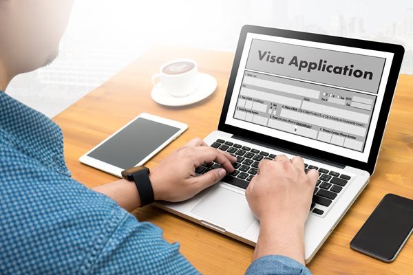 graphic shows a person applying for a work visa on a computer