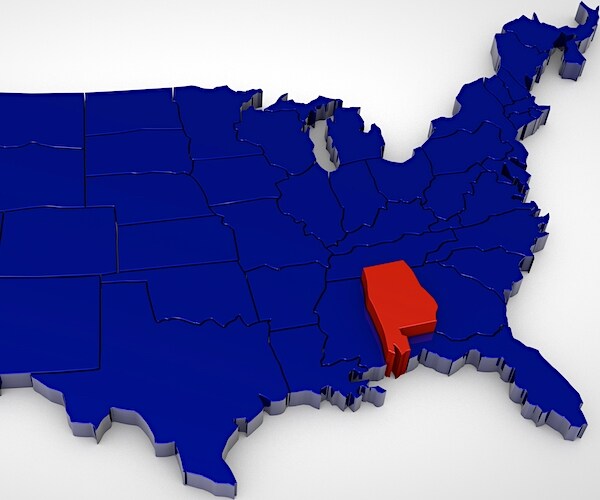 a map of the midwest to eastern united states in blue and alabama in red