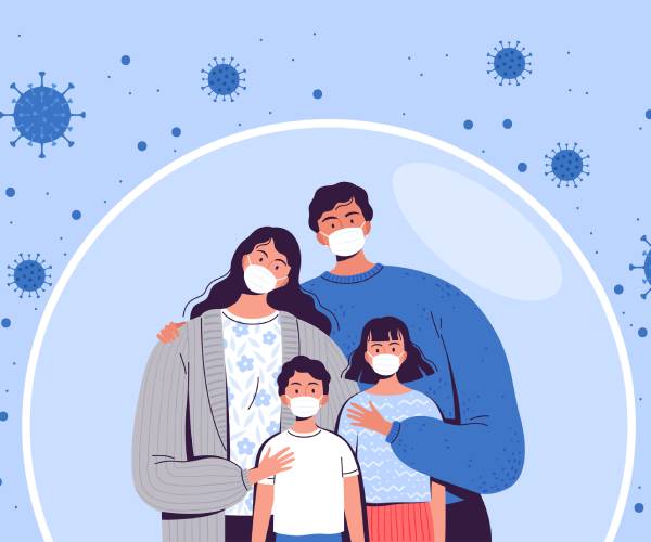 a family in a bubble wearing masks surrounded by coronavirus