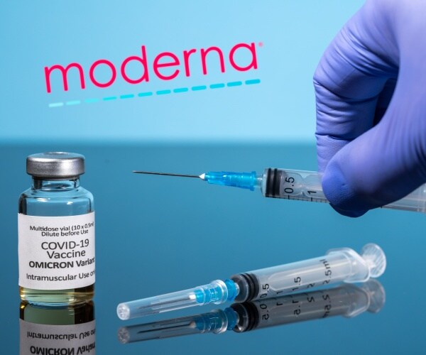 Moderna logo, vial labeled Moderna omicron COVID-19 vaccine, gloved-hand holding a syringe