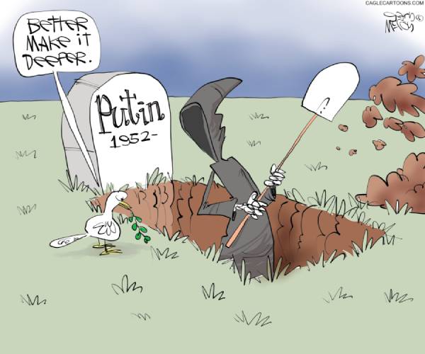 cartoon of the grim reaper diggin a grave with putins headstone on it with the dove of peace saying dig it deeper