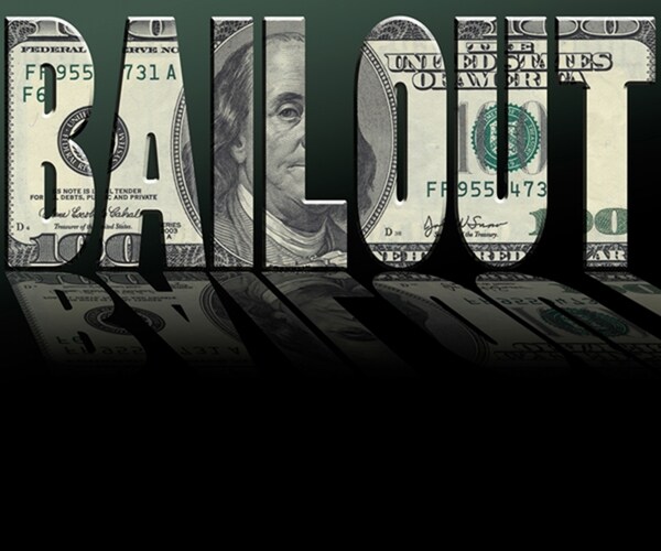 reflective letters made of money spelling bailout.