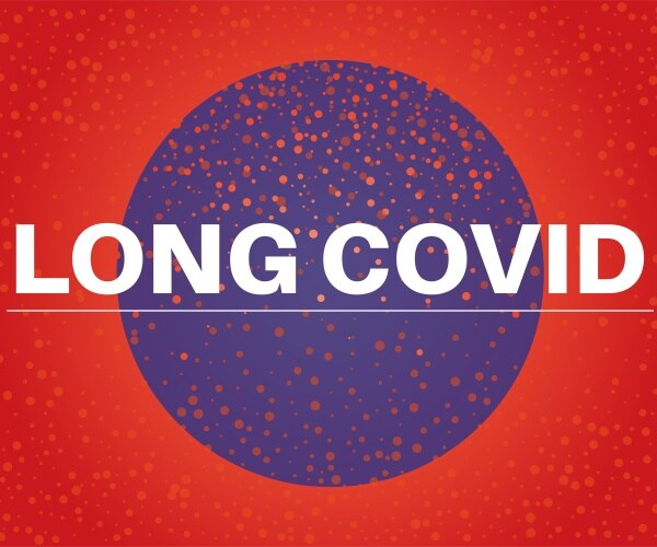 Long COVID on red background with round Earth