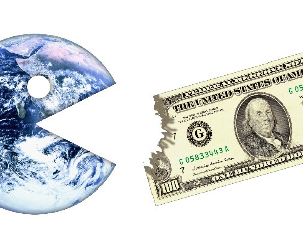 a globe made into a pac man eating into a hundred dollar bill