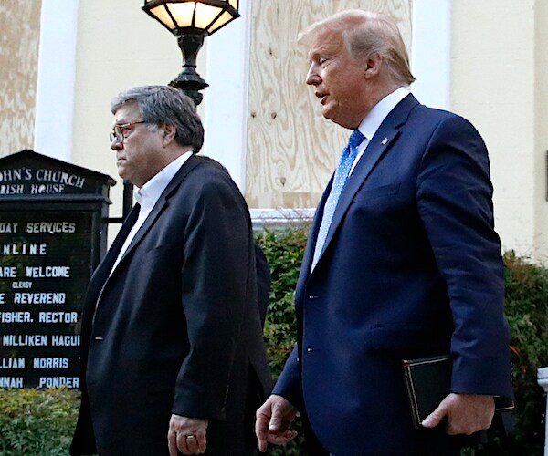 attorney general william barr and president donald trump pay a visit to a washington dee see church hit by arson
