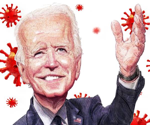 characature of joe biden in front of giant coronaviruses
