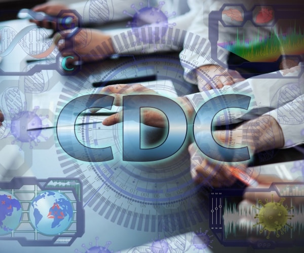 CDC logo over hologram of scientists and technology