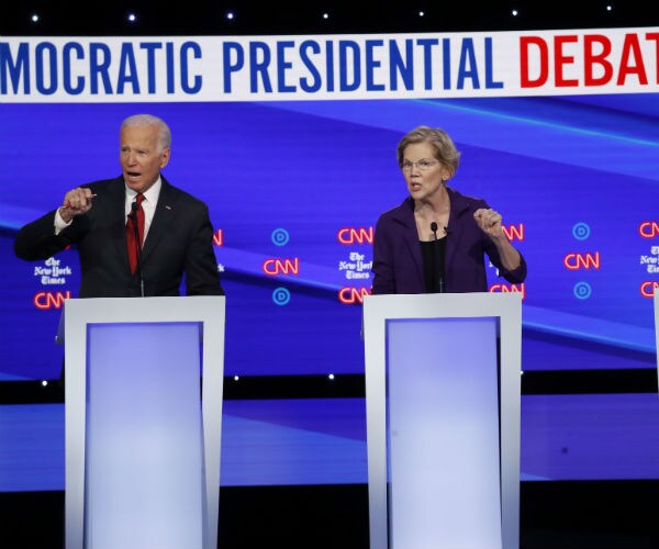 Democratic presidential contenders Joe Biden and Elizabeth Warren are shown during the debate.