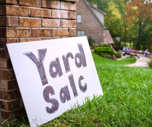 yard sale sign on a white poster outside in the grass