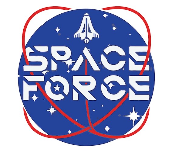 An unofficial Space Force logo with a world, a rocket and red lines of satellite paths