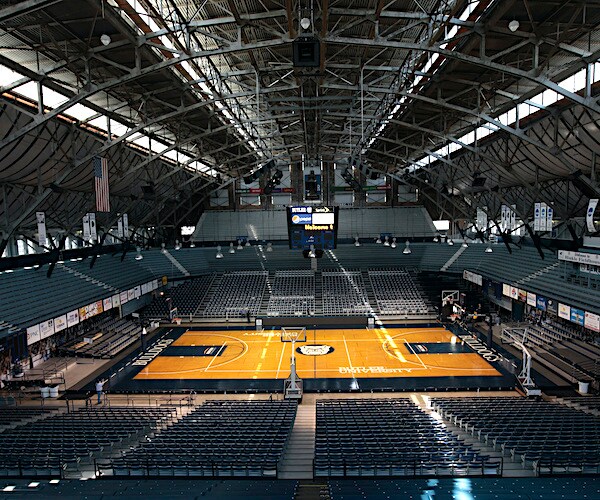an empty Butler University's Hinkle Fieldhouse in Indianapolis awaits the return of college basketball