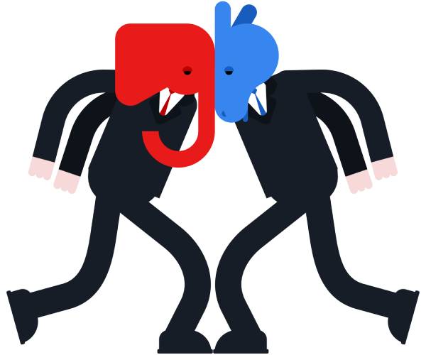 two men in suits with elephant head and donkey head face off