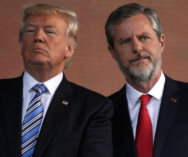 President Donald Trump and Jerry Falwell at a commencement at Liberty University in 2017 in Lynchburg, Virginia.