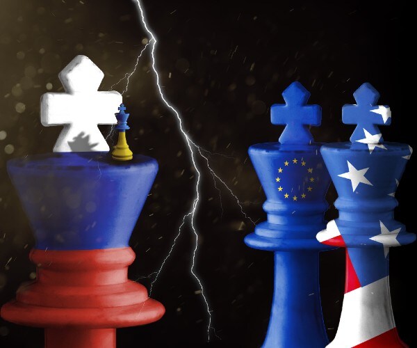 chess pieces with  flags of russia ukraine the european union and the united states