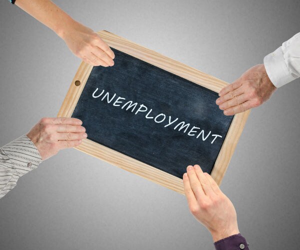 graphic shows the word unemployment on a board with different hands pulling each corner of the board