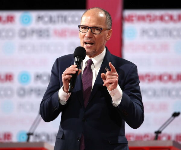 Democratic National Committee Chairman Tom Perez is shown speaking at Loyola Marymount University