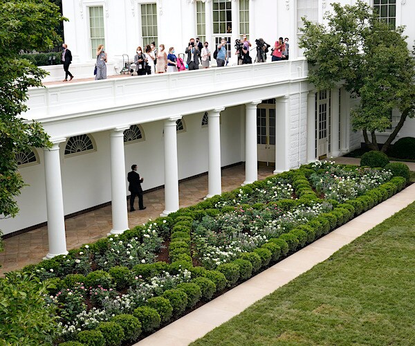 Melania Trump's new-look White House Rose Garden was unveiled to media Saturday