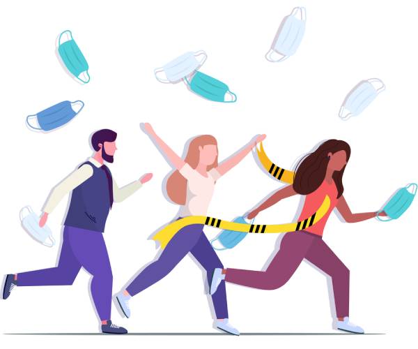 three people running across a finish line while throwing off masks