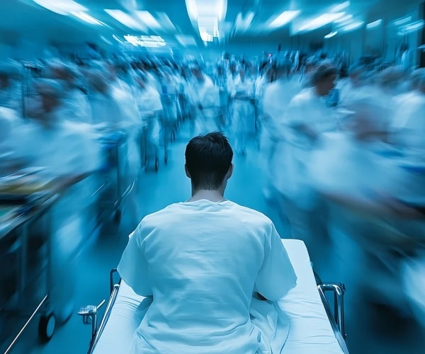 illustration of man being wheeled into the hospital ER