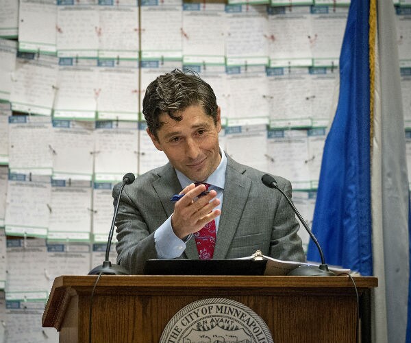 Minneapolis Mayor Jacob Frey gives his first budget address in front to notes sent to him 