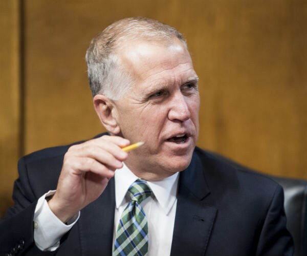 sen. thom tillis holds a pencil in his right hand while speaking on capitol hill